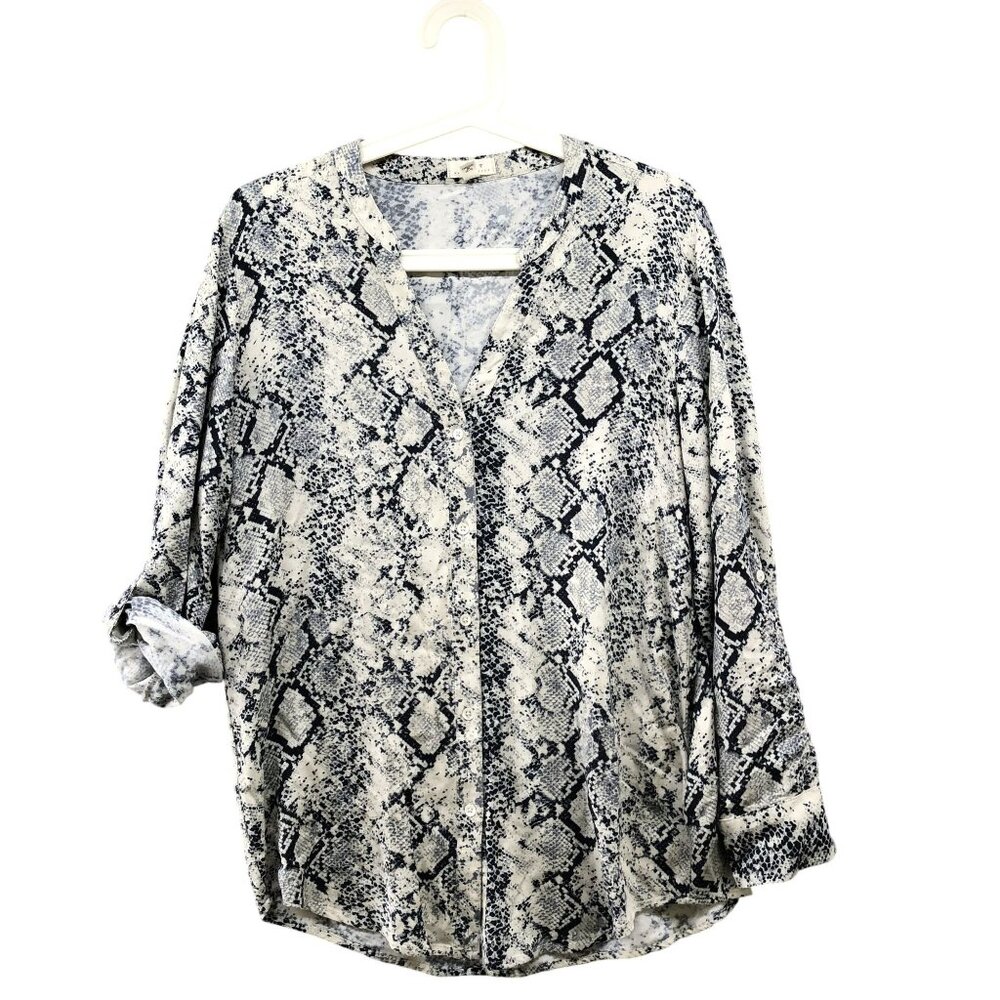 Soft By Joie Snakeskin Print Top Womens XS Roll Tab Sleeves Button Front V-Neck
